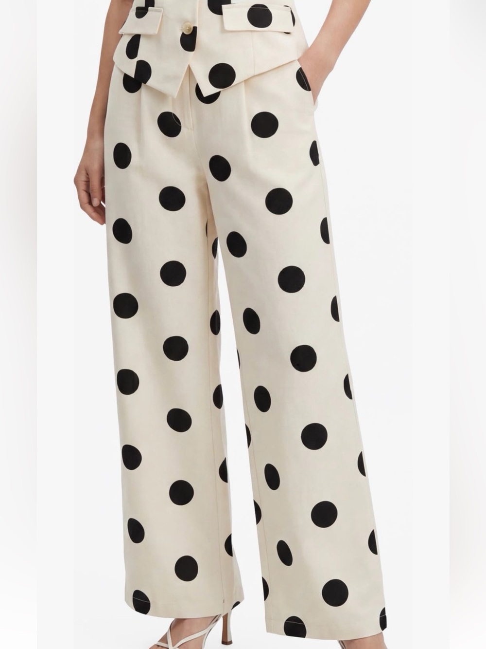 Cream Polka Dot Wide-Leg Trousers